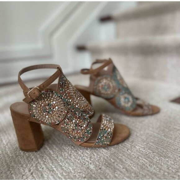 New Size 8 Venus Embellished Block Heels Beaded Ankle Strap Boho Sandals - Picture 7 of 8